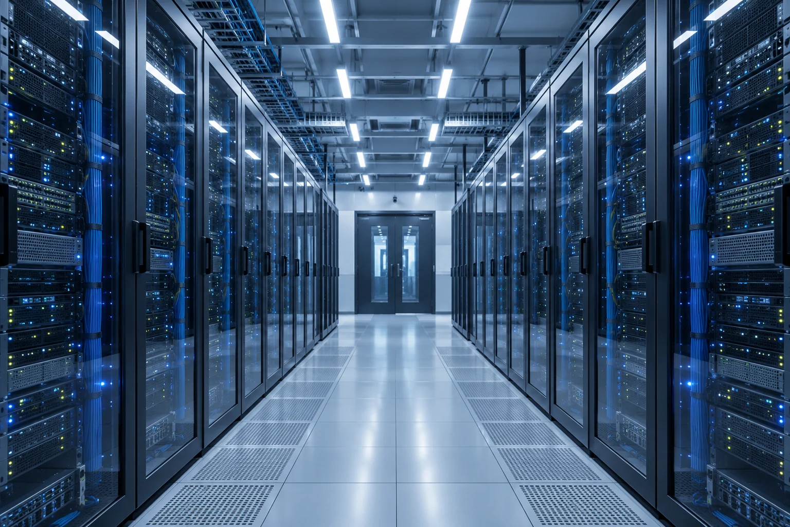 Illustrative enterprise data centre with glass server racks
