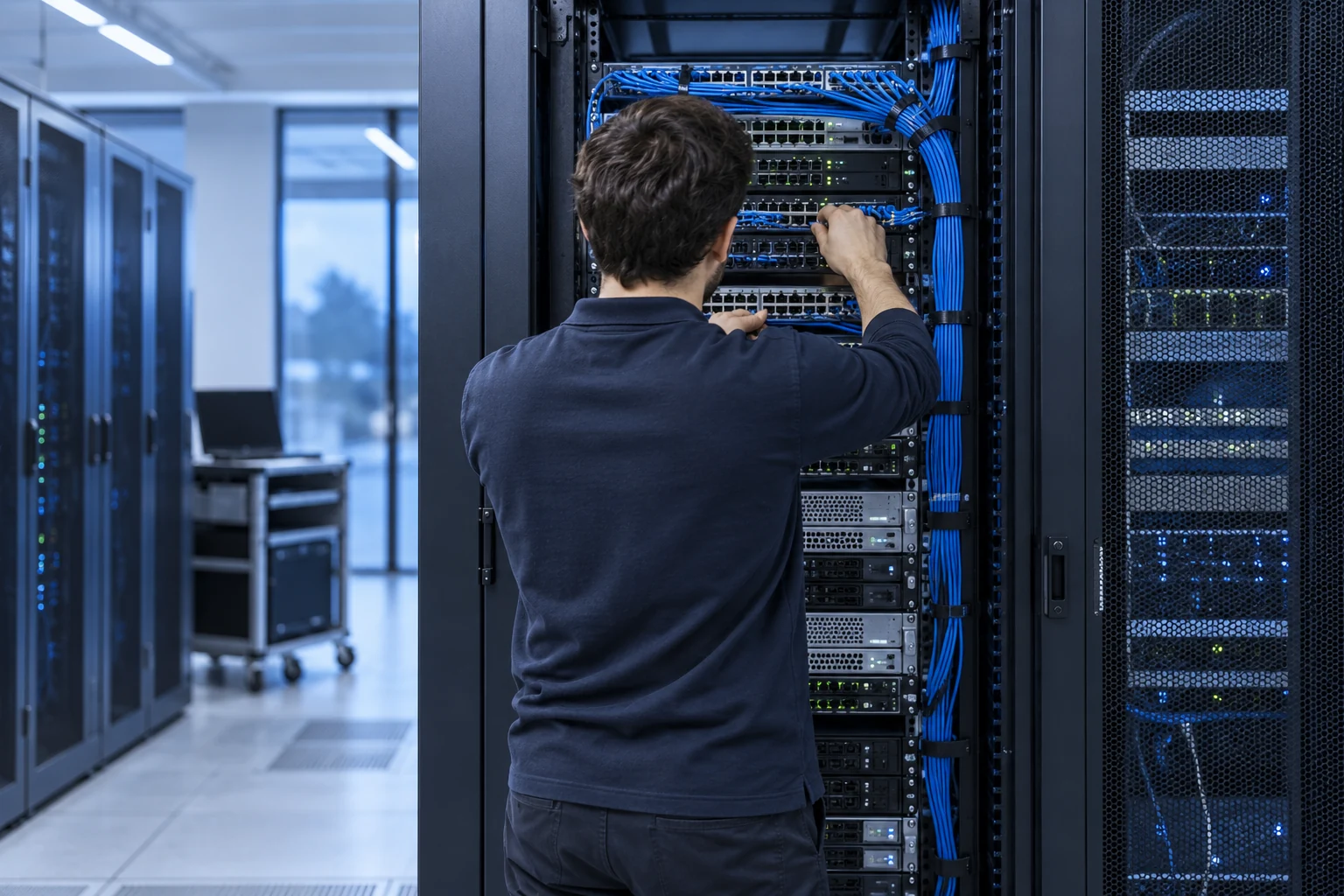 Illustrative engineer working at a rack with their face turned away
