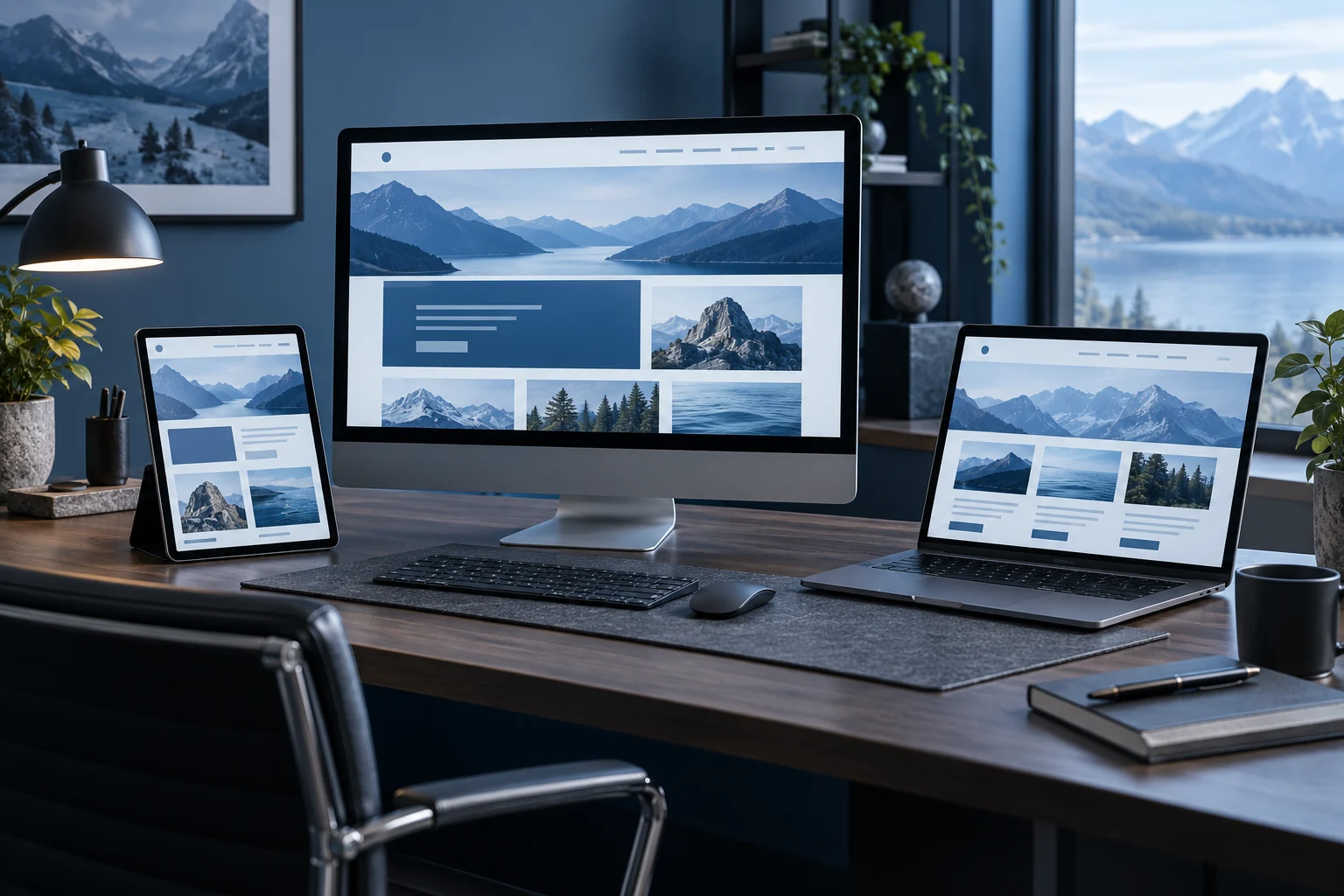 Illustrative desktop and mobile website design workspace