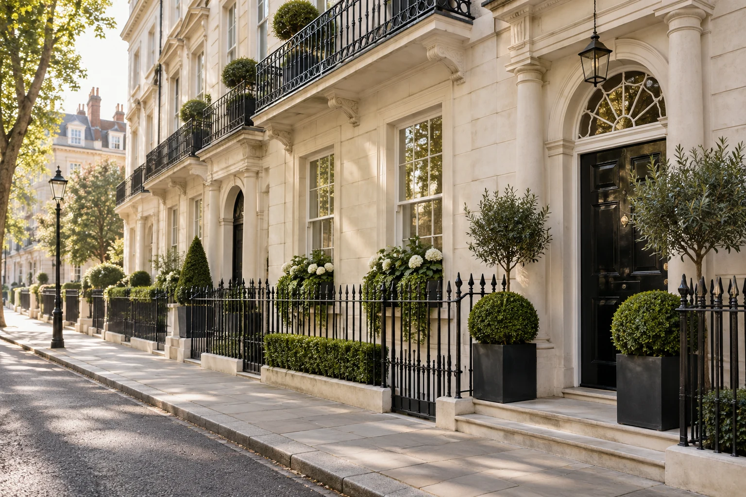 Illustrative Mayfair streetscape with cream stone buildings and black iron railings