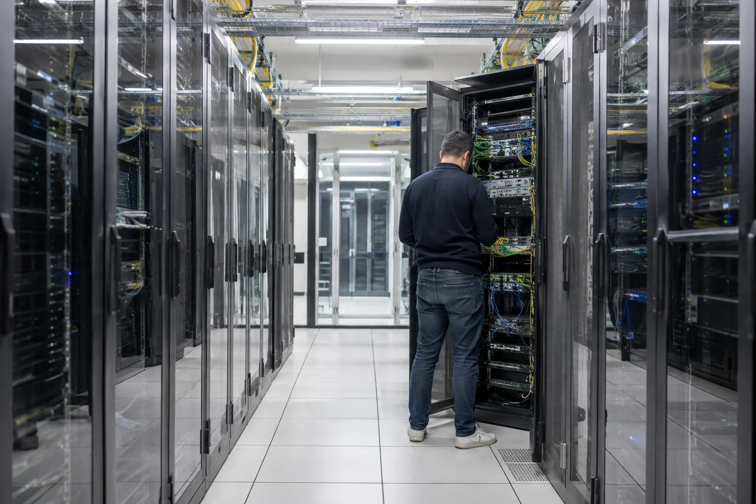 Illustrative a technician checking an open server cabinet in a data centre, seen from behind