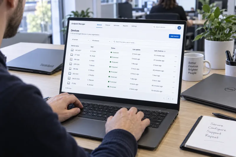 Illustrative IT engineer checking managed endpoint status