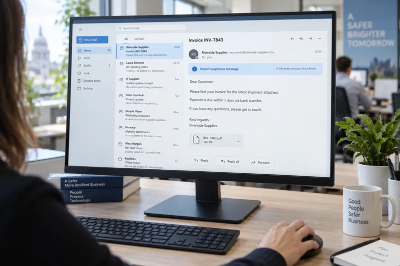 Illustrative email interface with a suspicious-message reporting option
