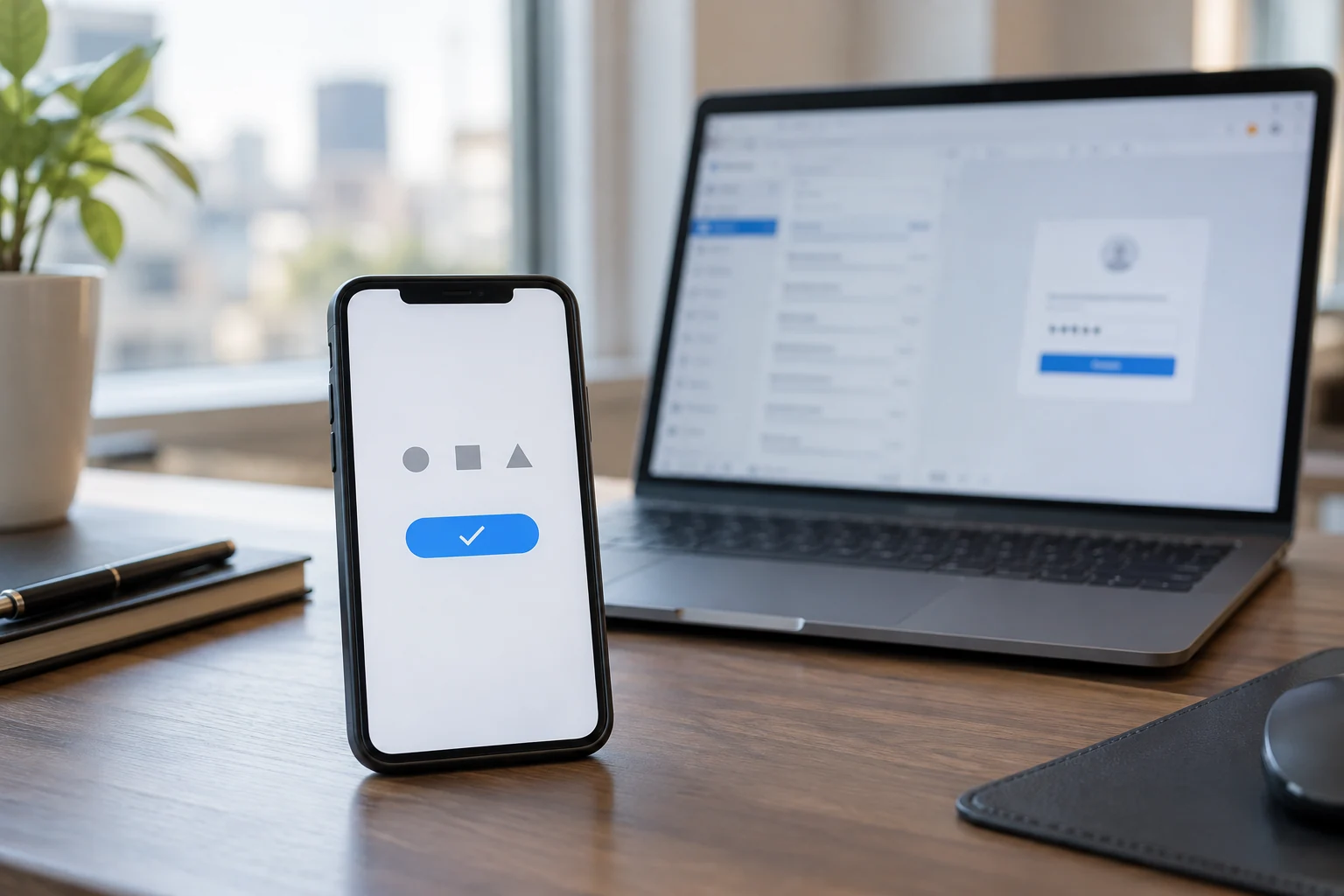 Illustrative a phone with a generic authentication interface beside a business laptop