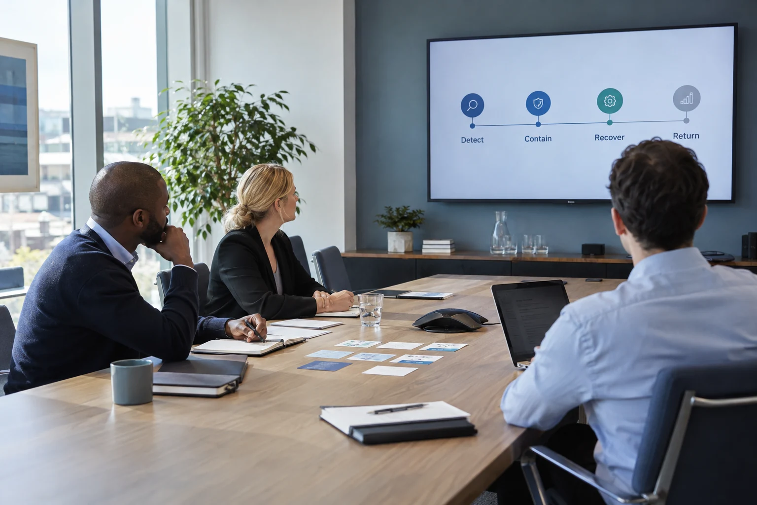 Illustrative professionals rehearsing a response plan around a meeting table