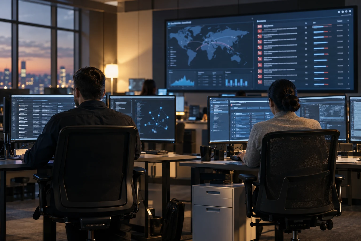 Illustrative security analysts reviewing activity at workstations, seen from behind