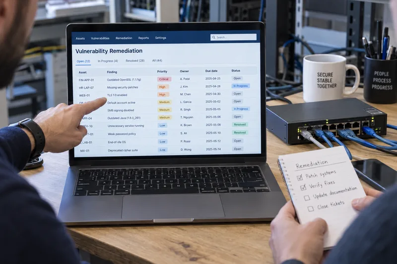 Illustrative security engineer reviewing vulnerability remediation tasks