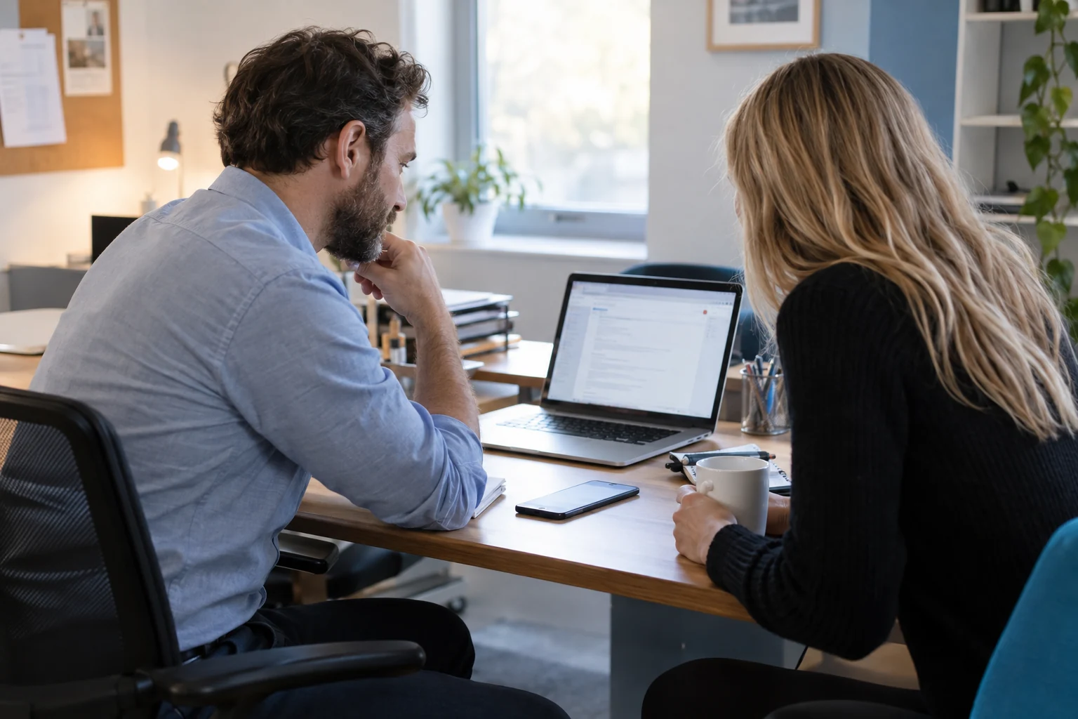 Illustrative business colleagues calmly reviewing an unexpected email together