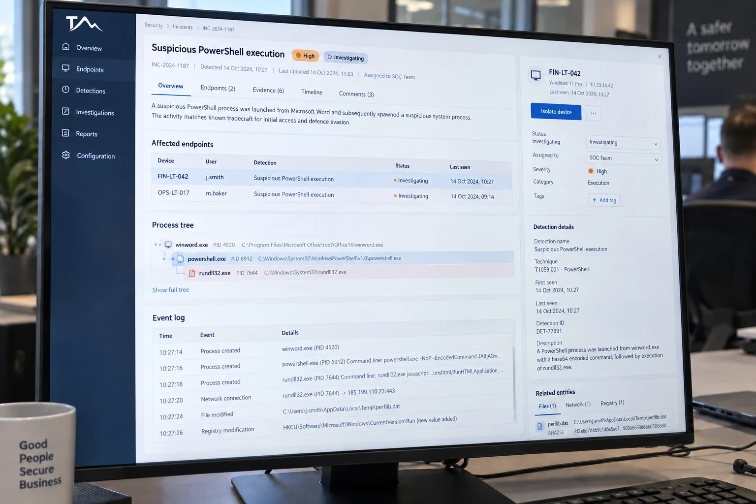 Illustrative EDR console showing endpoint detections and incident investigation