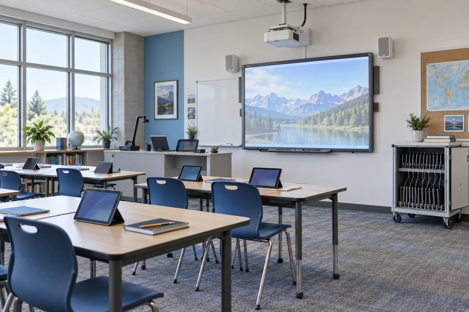 Classroom with tablets, interactive display and charging storage