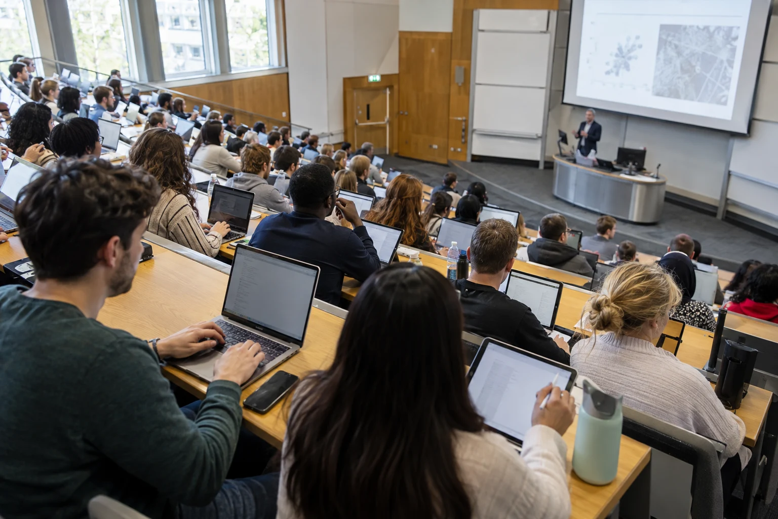 University students using laptops and tablets in a lecture theatre