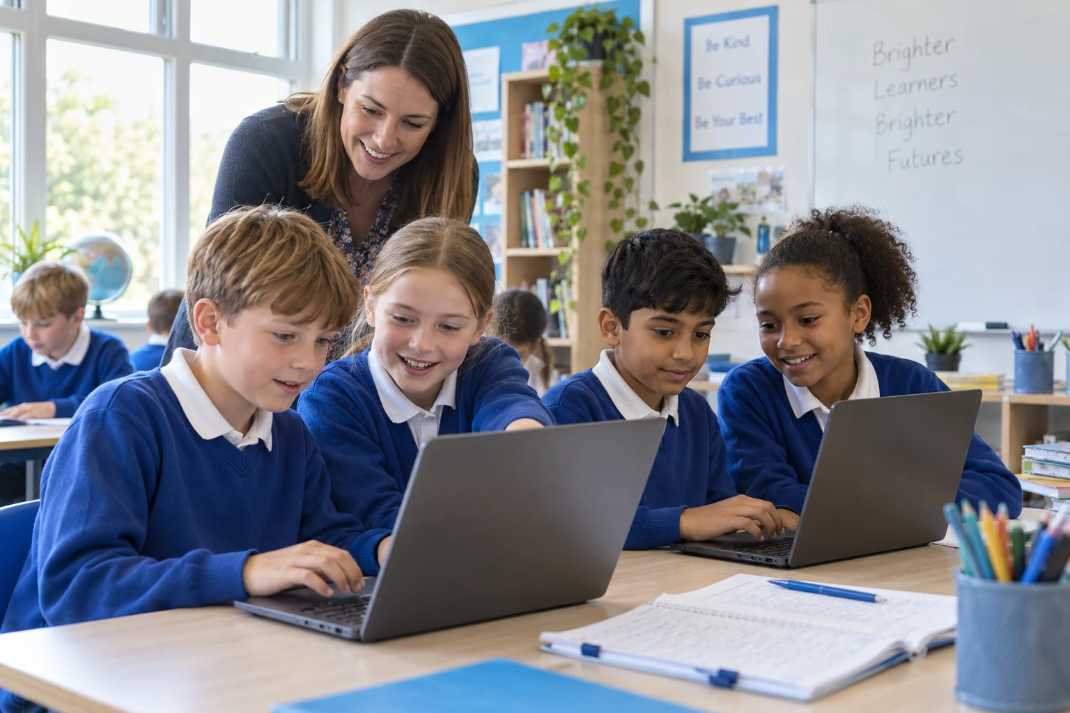 Teacher helping primary pupils learn with laptops
