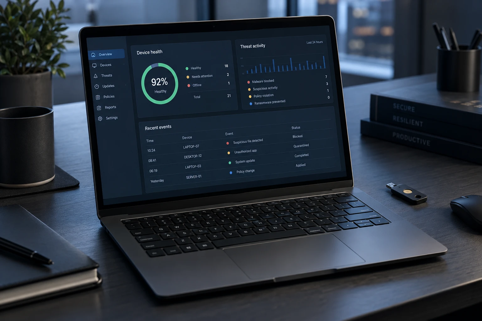 Illustrative endpoint security dashboard on a laptop