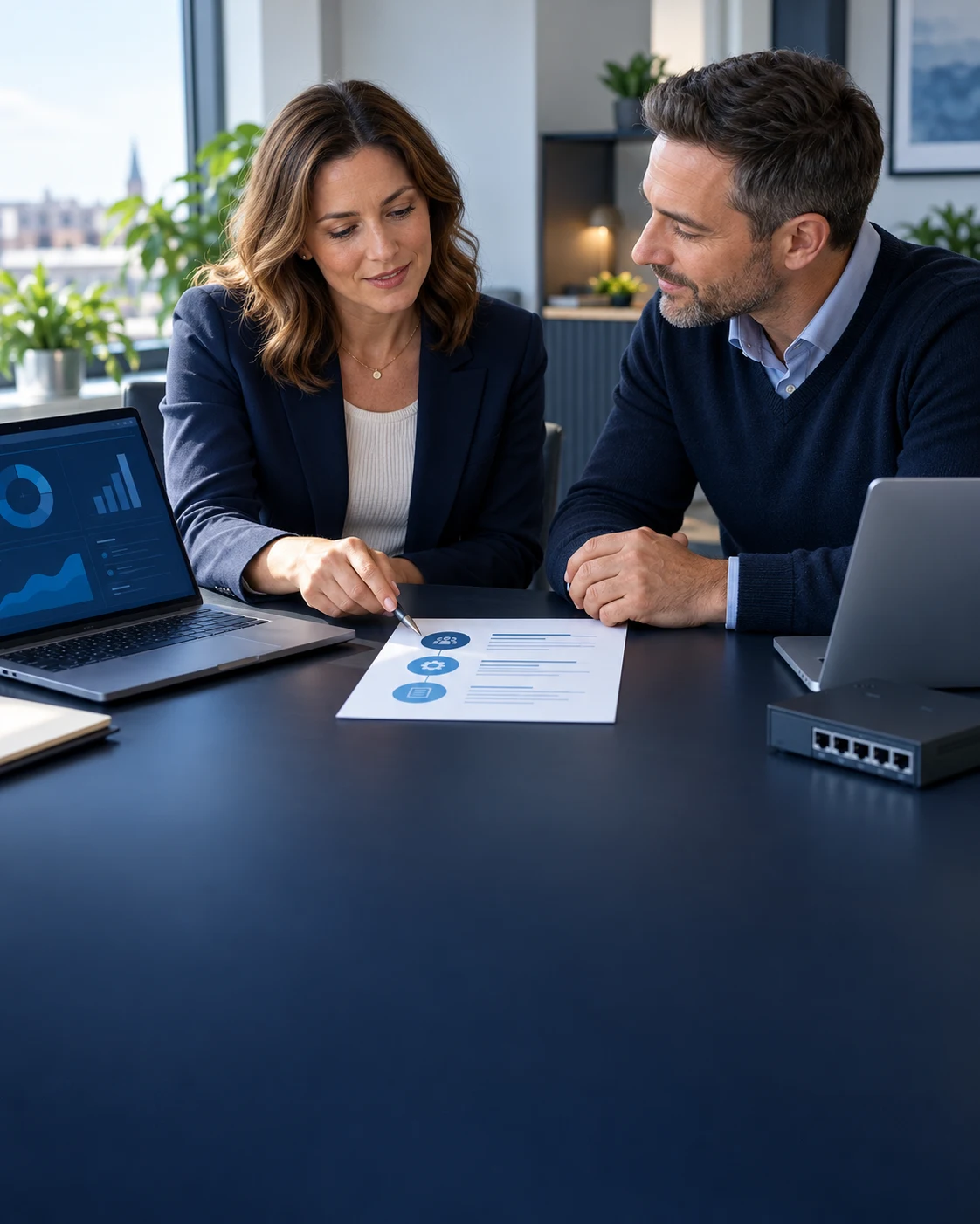 Illustrative IT service manager and business lead reviewing support coverage and scheduled work