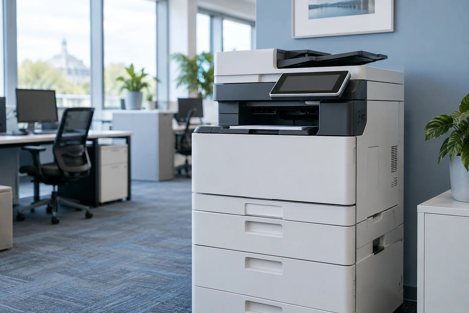 Illustrative multifunction printer in a modern business office