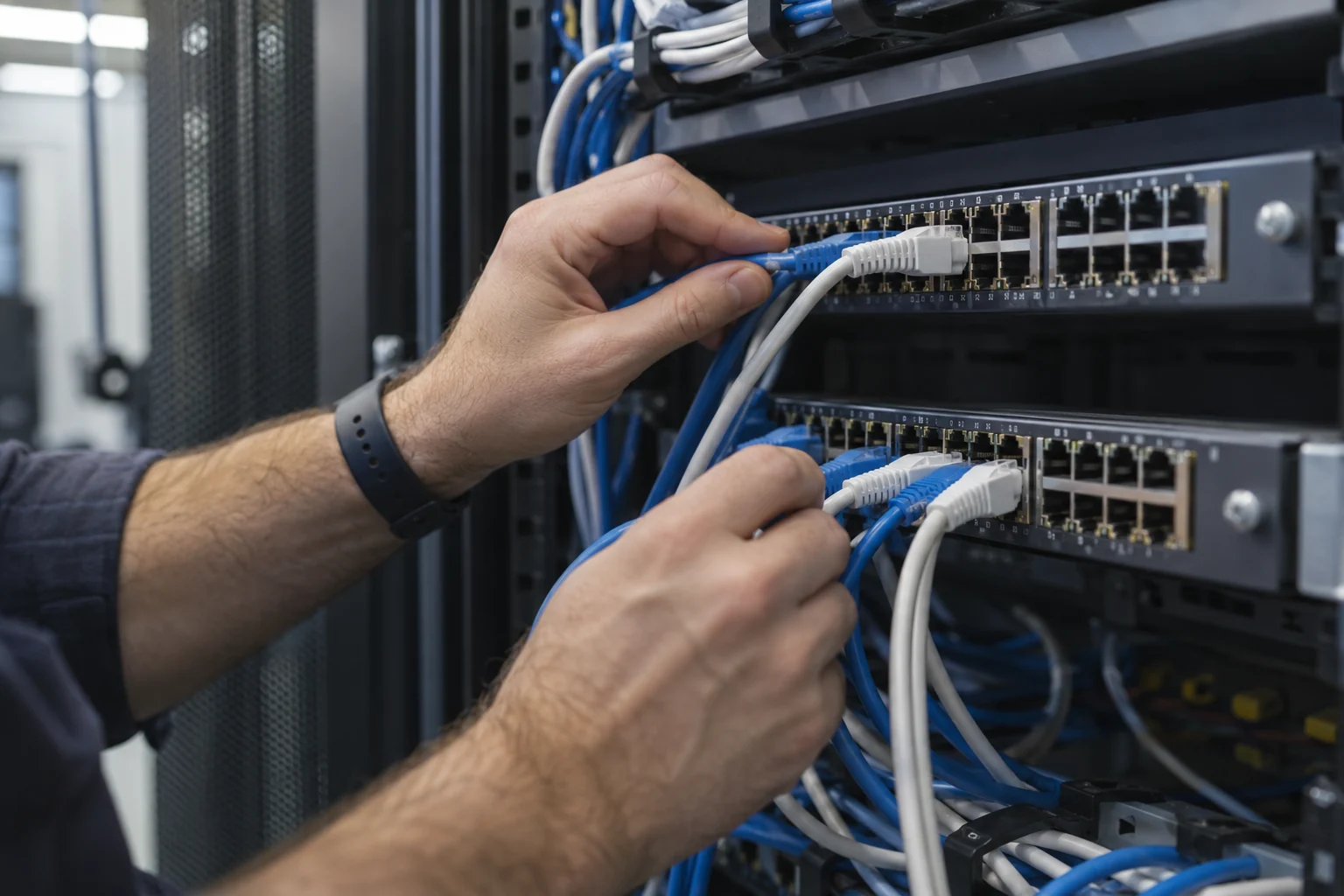 Illustrative technician connecting network cables to a switch
