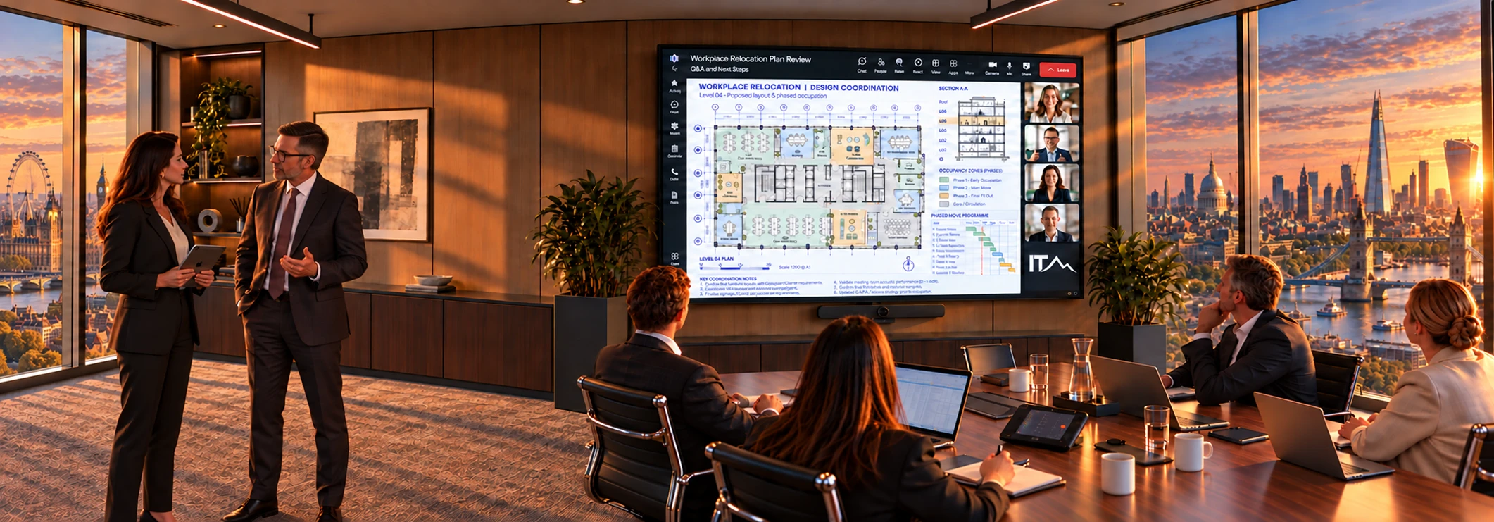 Colleagues discussing a workplace plan beside a video meeting in a London boardroom at sunset