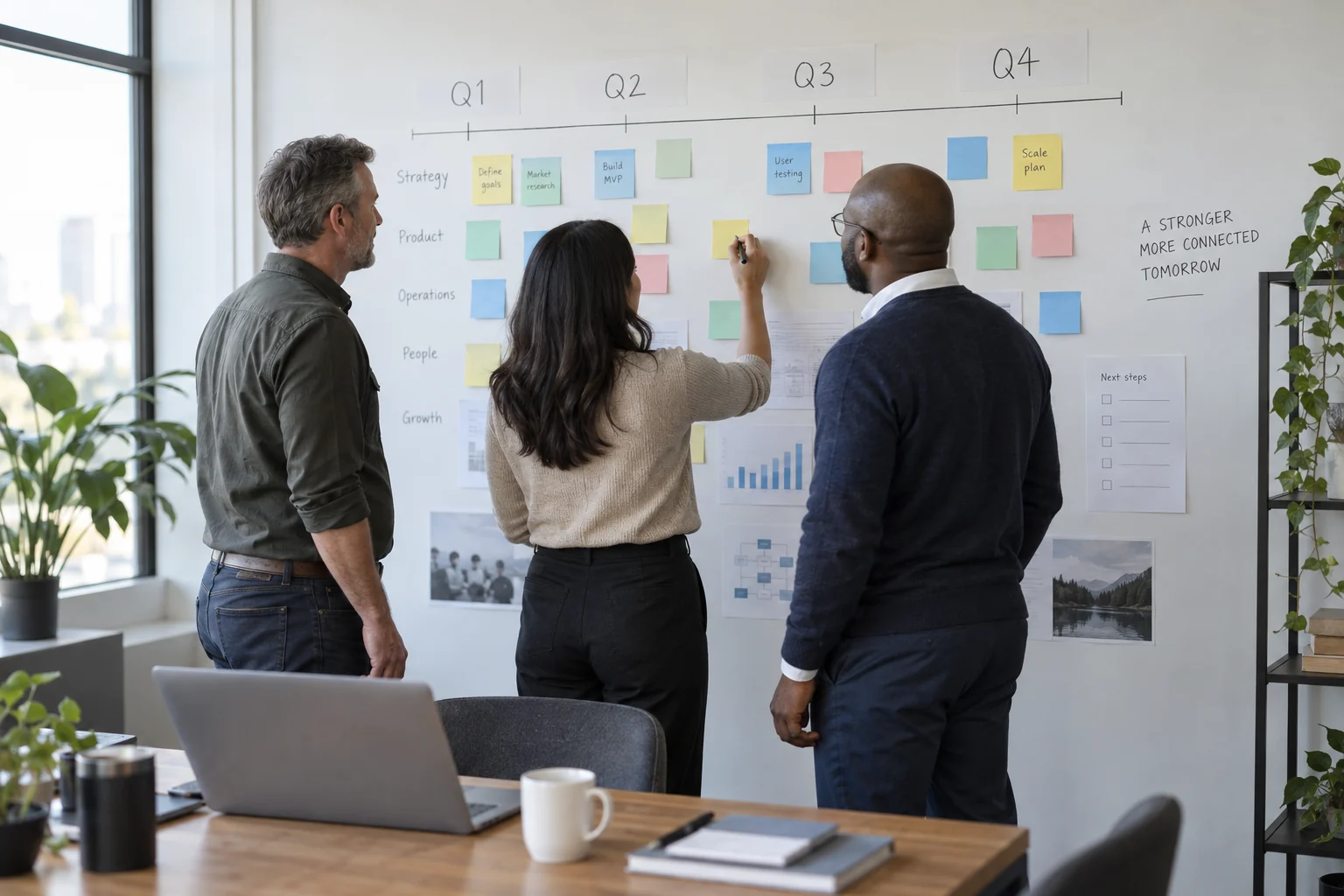 Illustrative business and technology professionals developing a shared project roadmap