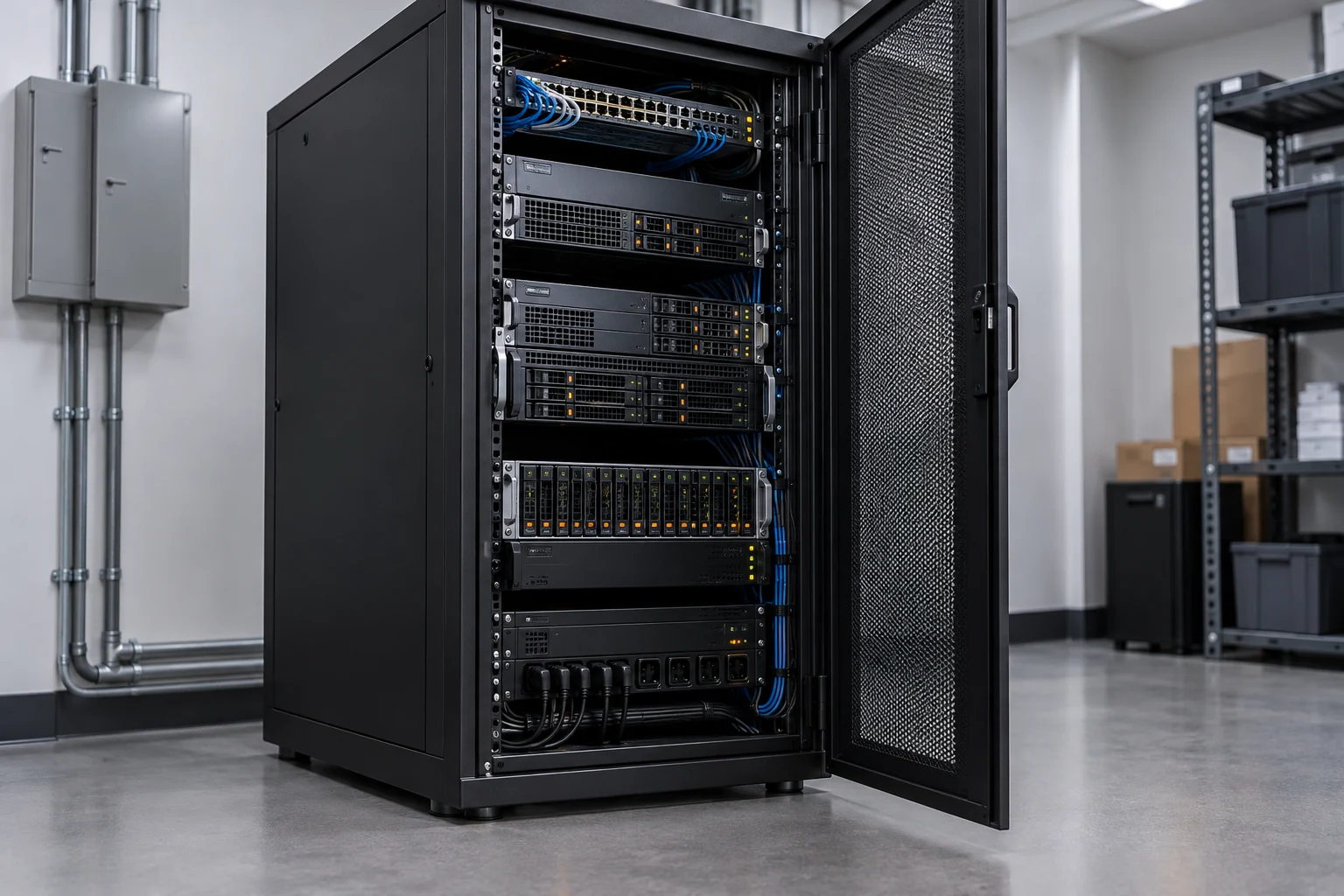 Illustrative compact enterprise rack with server and storage equipment