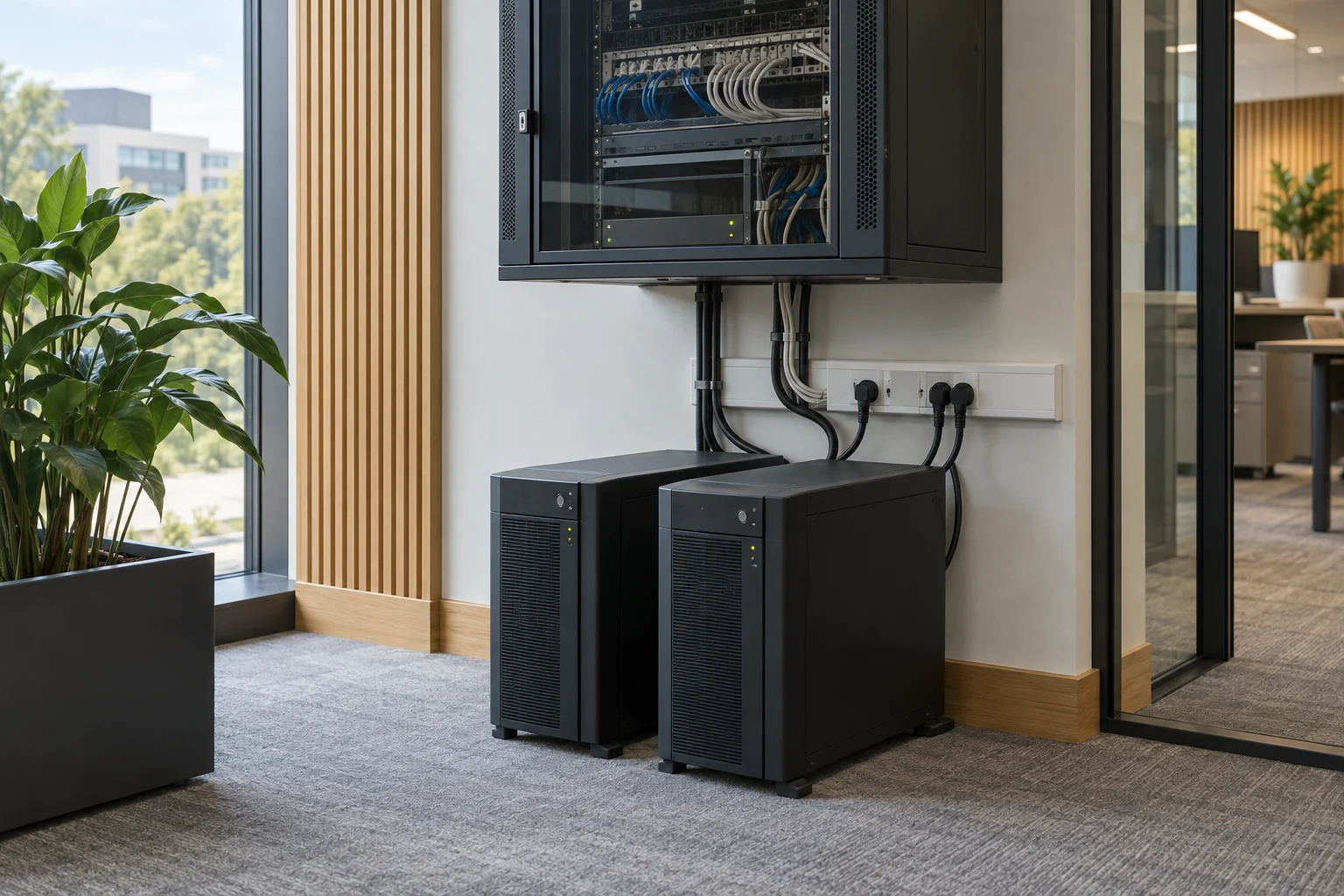 Illustrative tower ups units installed beneath an office communications cabinet
