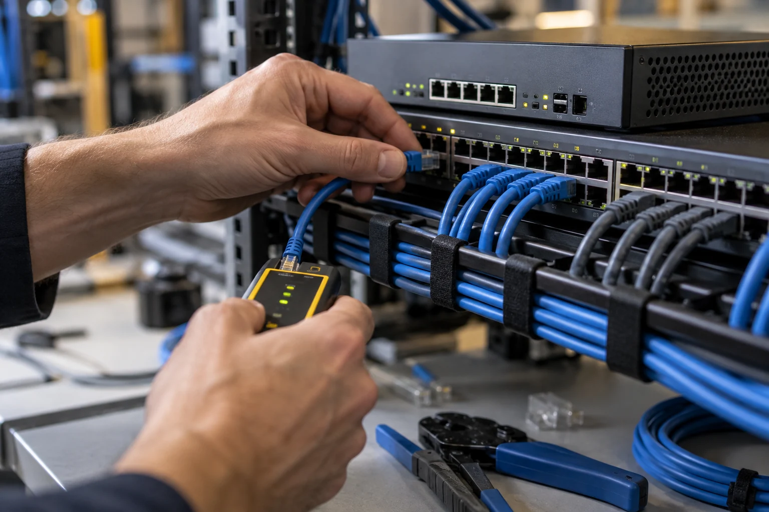 Illustrative technician hands checking cabling beside network and firewall equipment