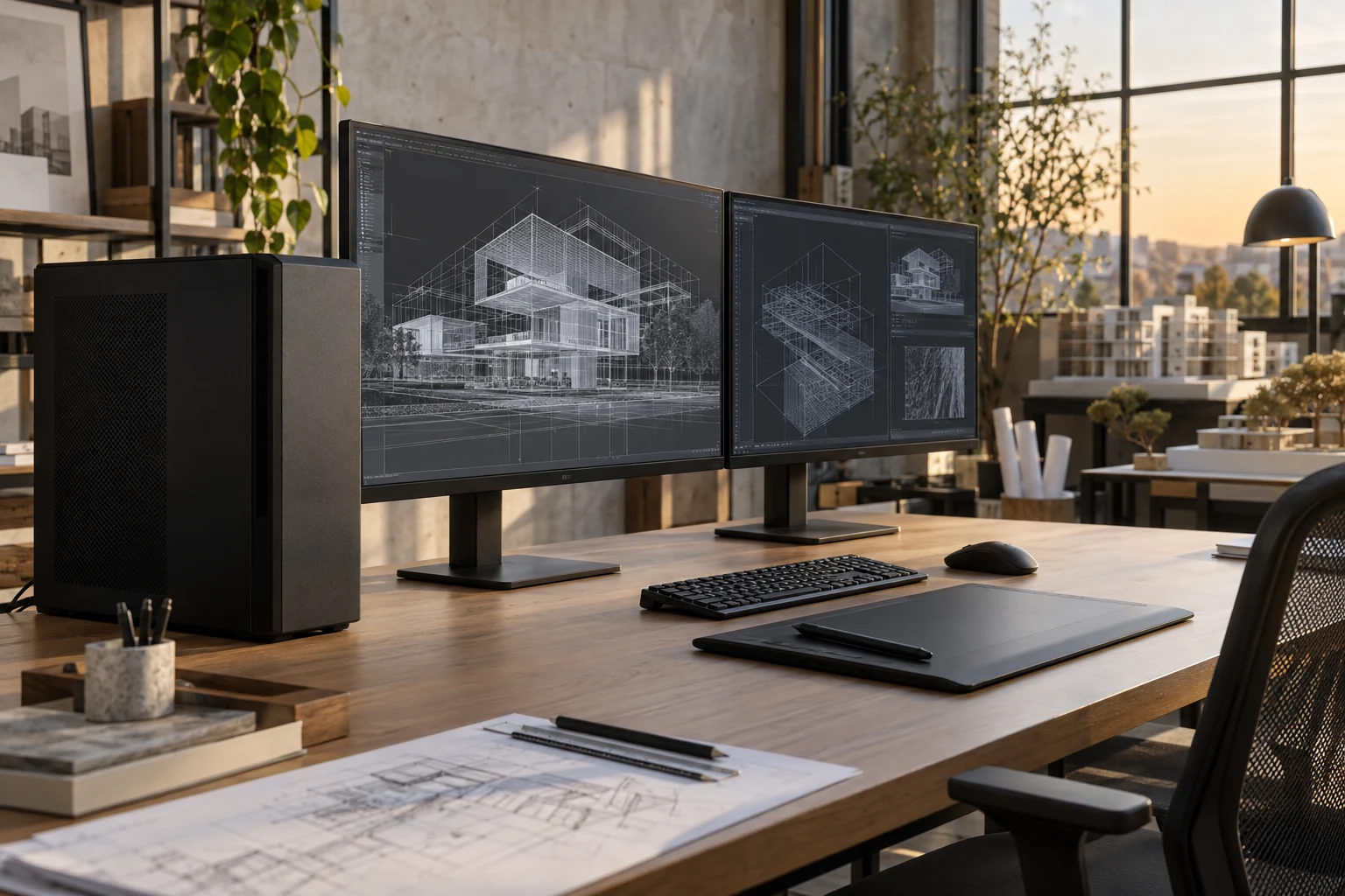 Illustrative engineering workstation with tower, dual displays and graphics tablet
