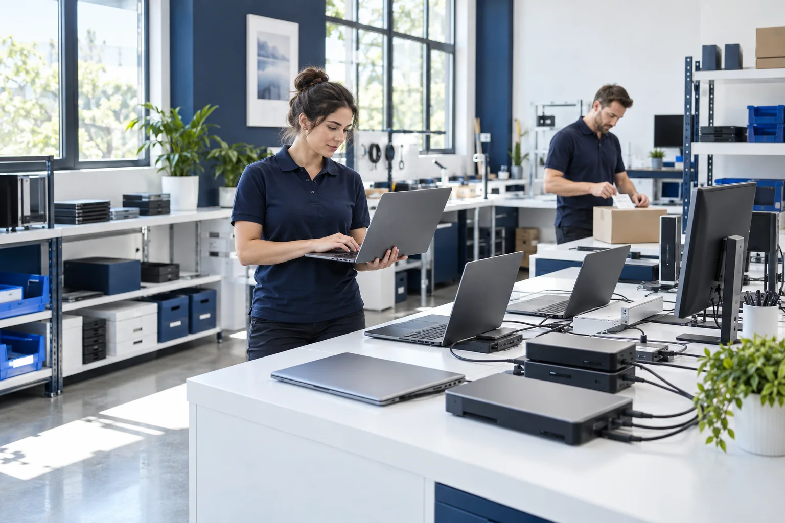 Illustrative IT team preparing business laptops and equipment in a bright technology workspace