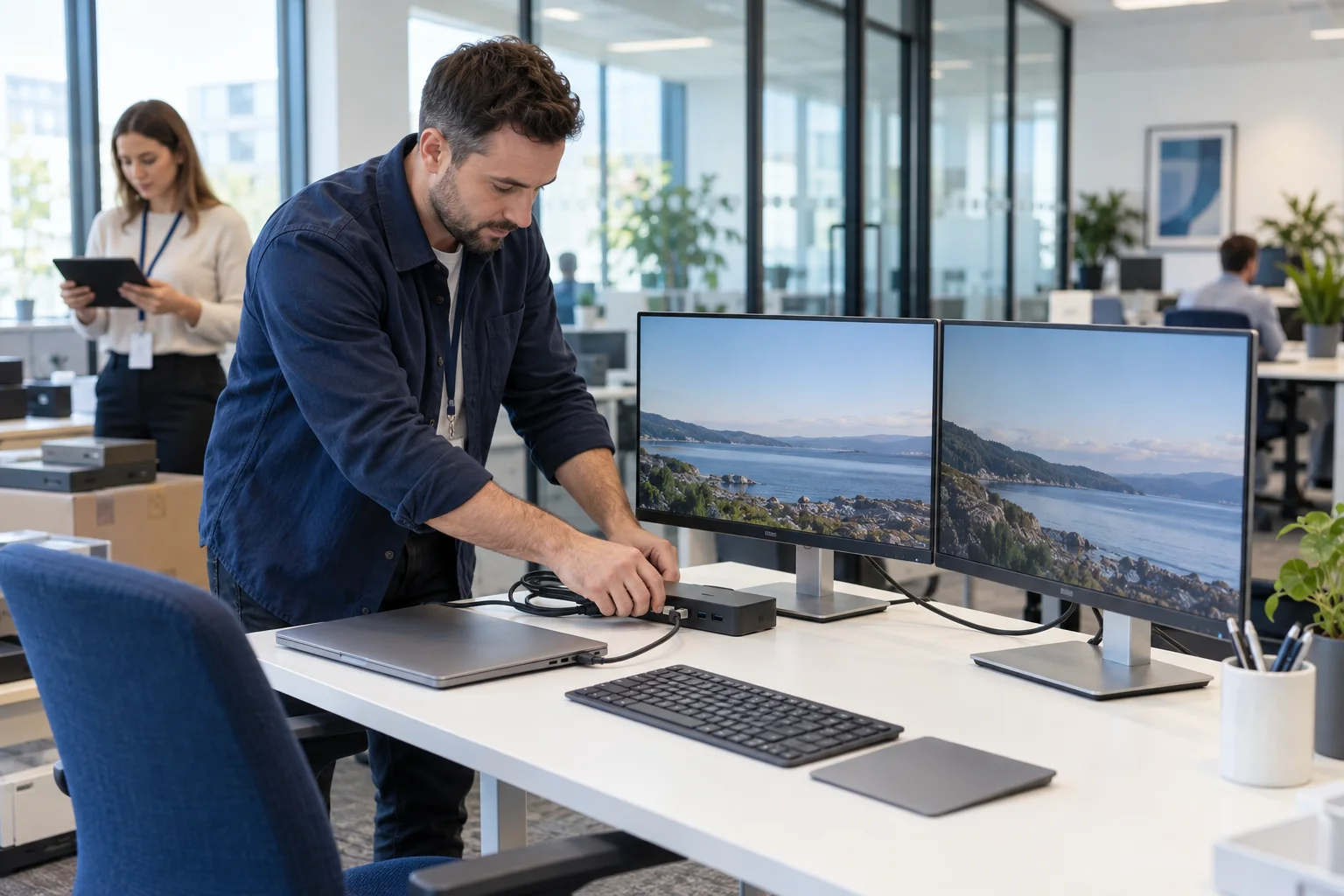 Illustrative technician connecting a laptop docking station during an office equipment rollout