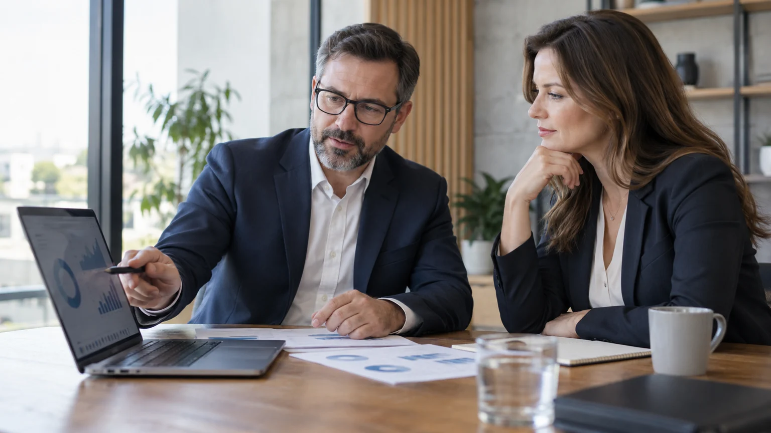 Illustrative business professionals reviewing an IT service plan