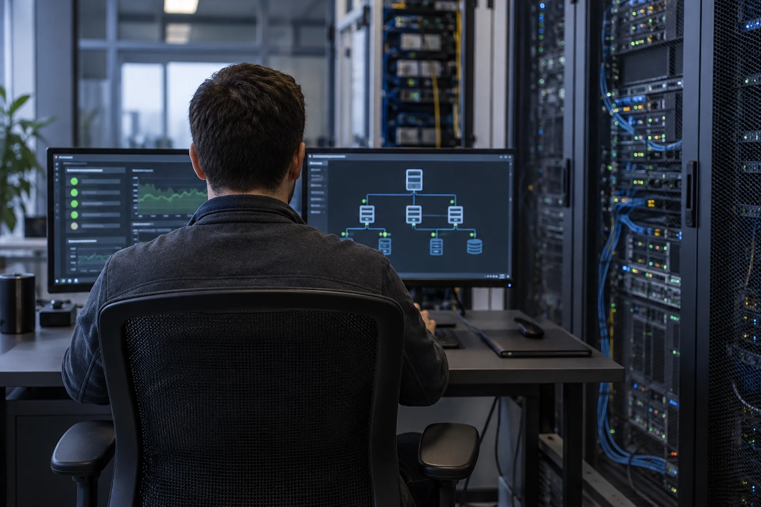Illustrative engineer checking failover readiness in a server room