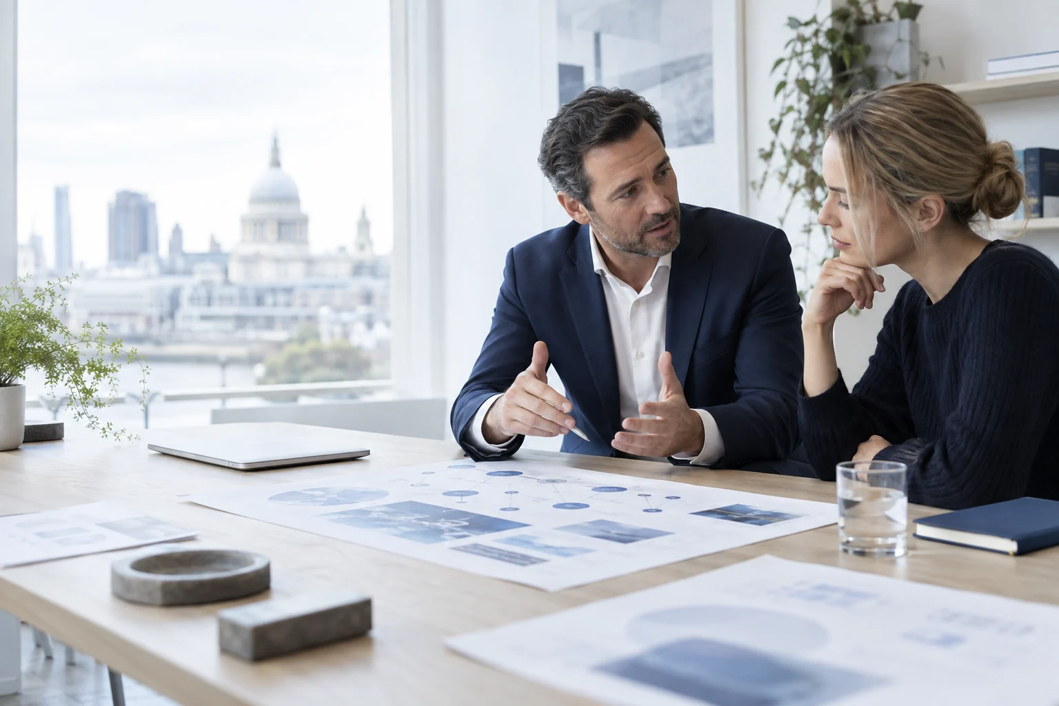 Technology consultants discussing a roadmap in a bright professional workspace