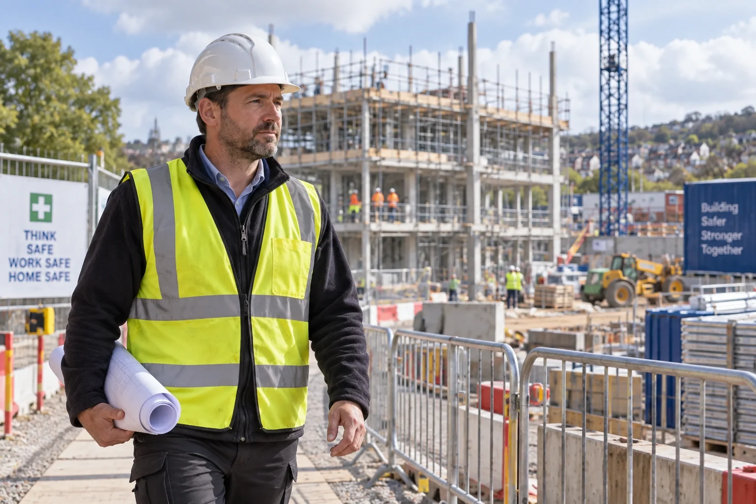 Illustrative construction manager reviewing a tablet at a site office