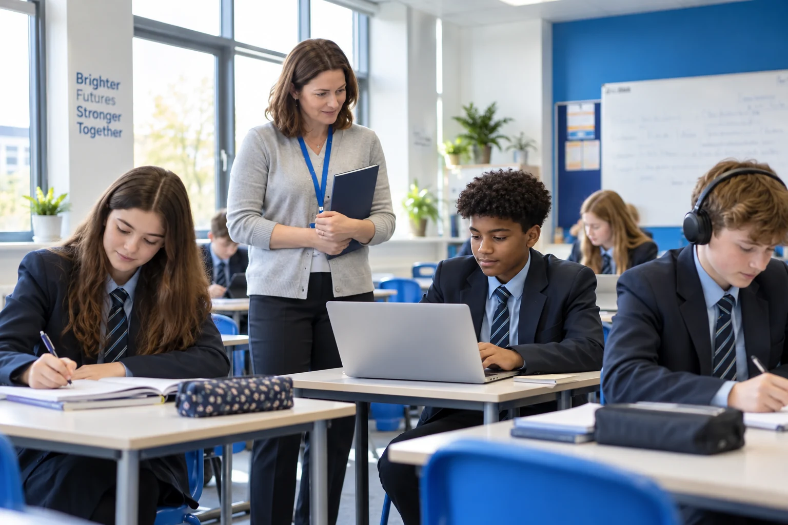 Illustrative teacher and students using classroom technology