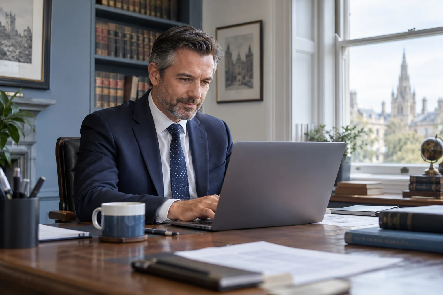 Illustrative professional reviewing digital documents