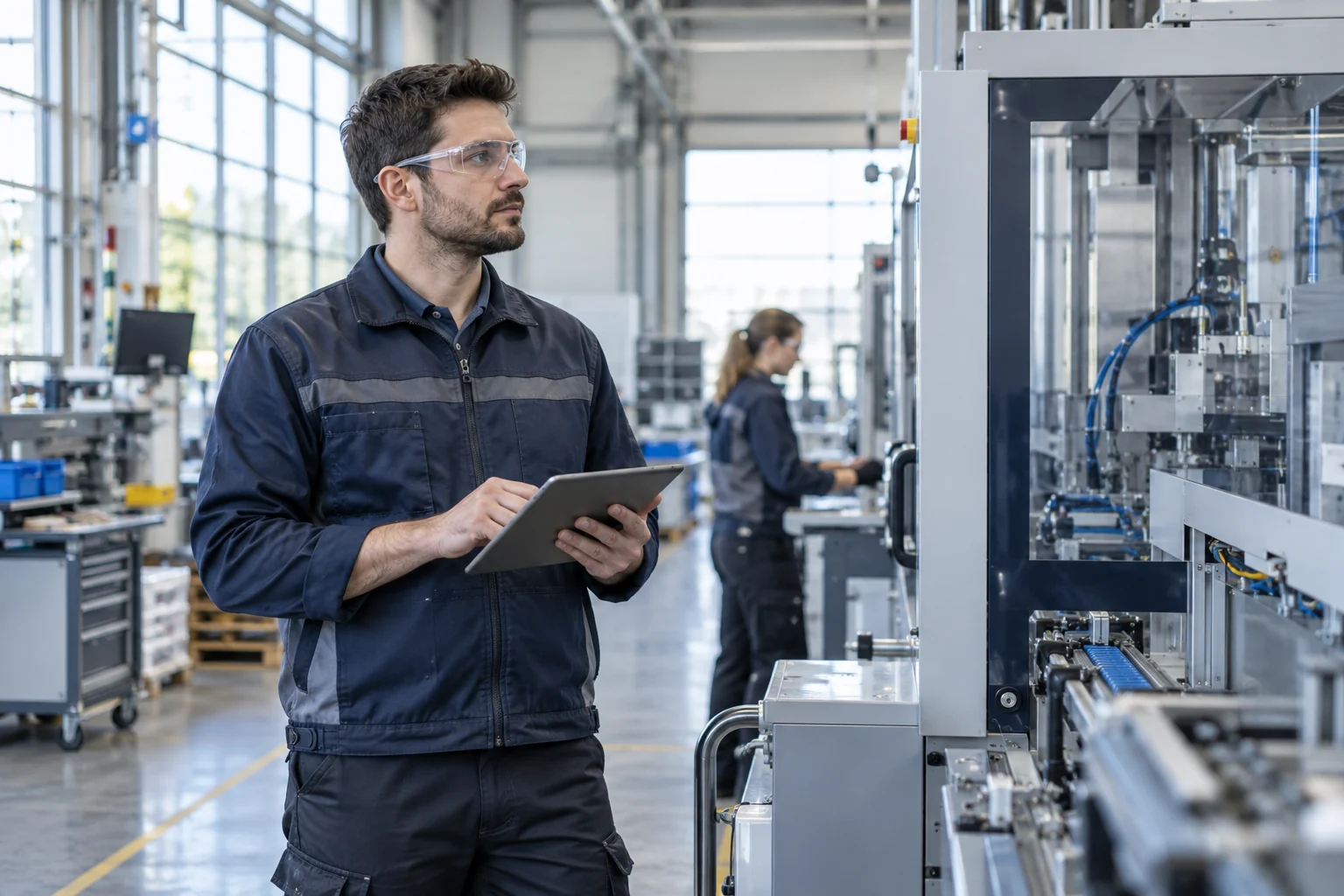 Illustrative engineer using a tablet in a manufacturing facility
