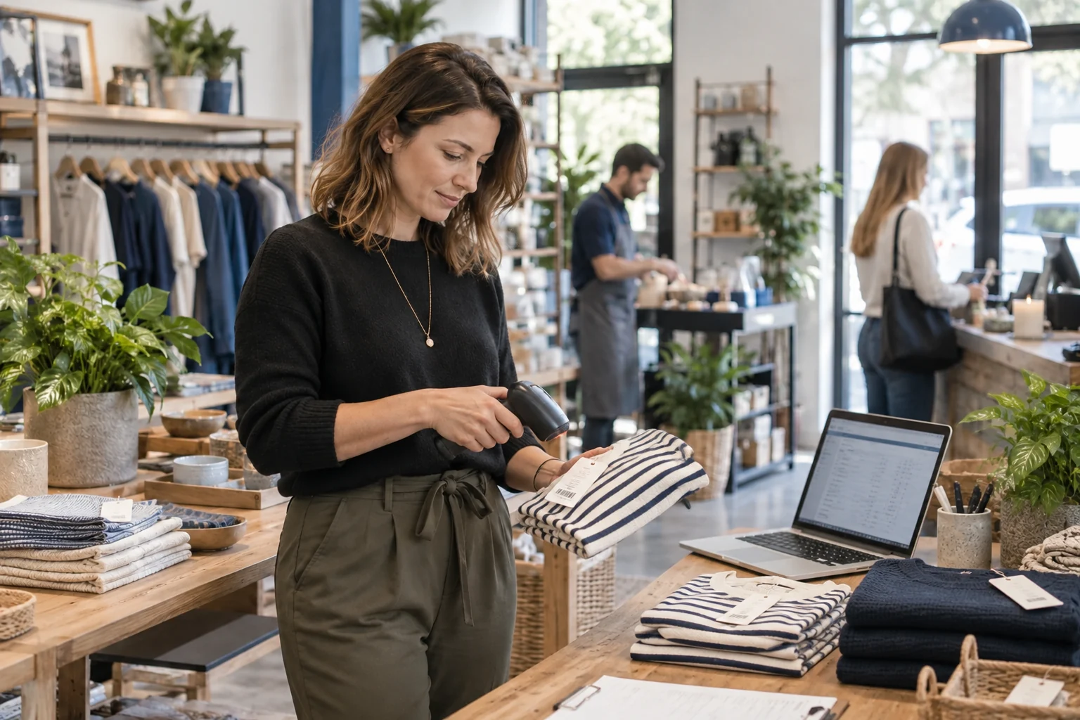 Illustrative retail manager using a tablet in a shop