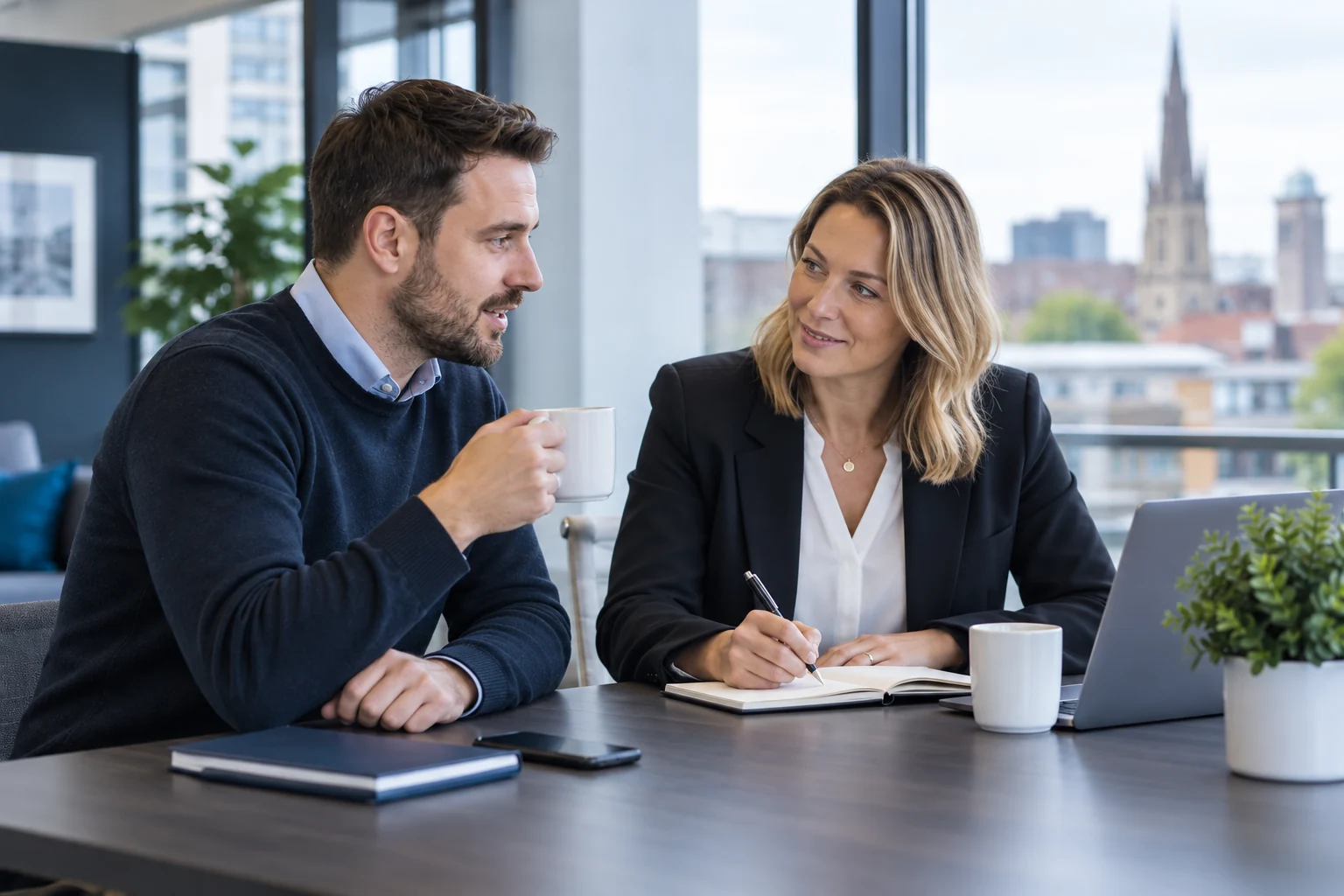 Illustrative consultants collaborating in a modern office