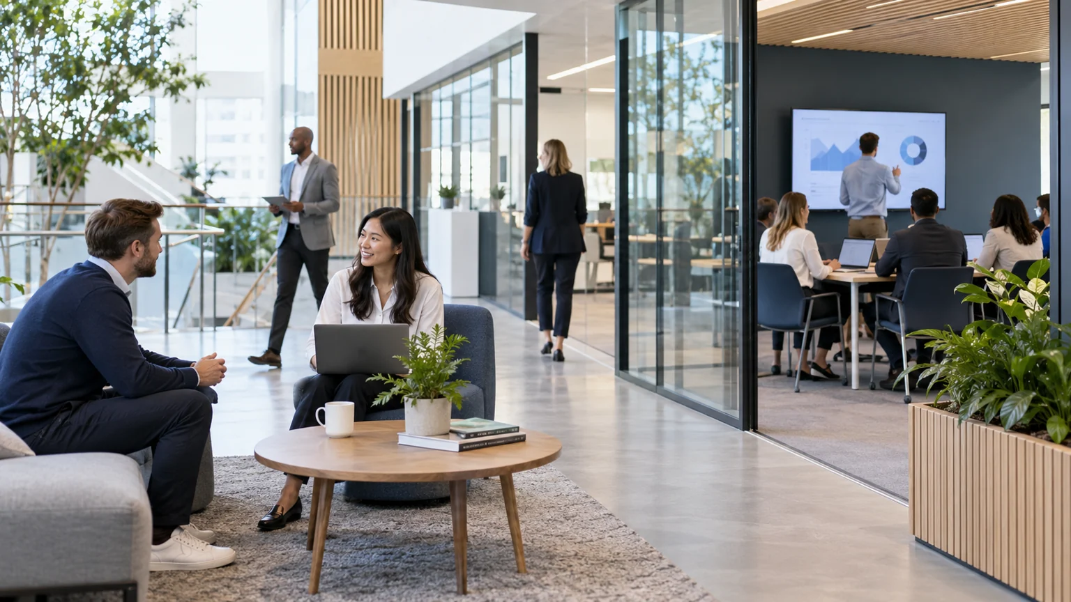 Illustrative business professionals collaborating in a connected workplace