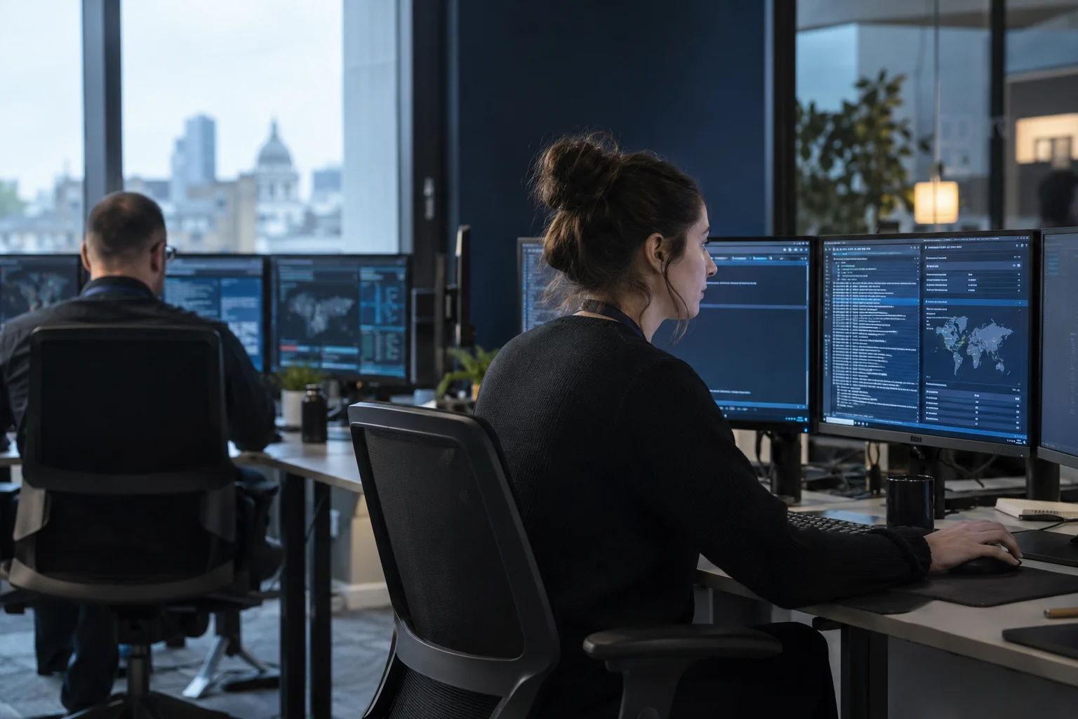 Illustrative analysts reviewing security information in an operations room