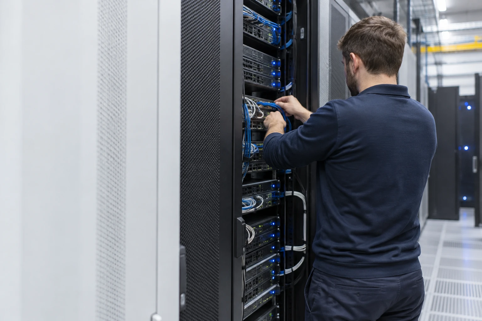 Illustrative infrastructure engineer maintaining a server rack